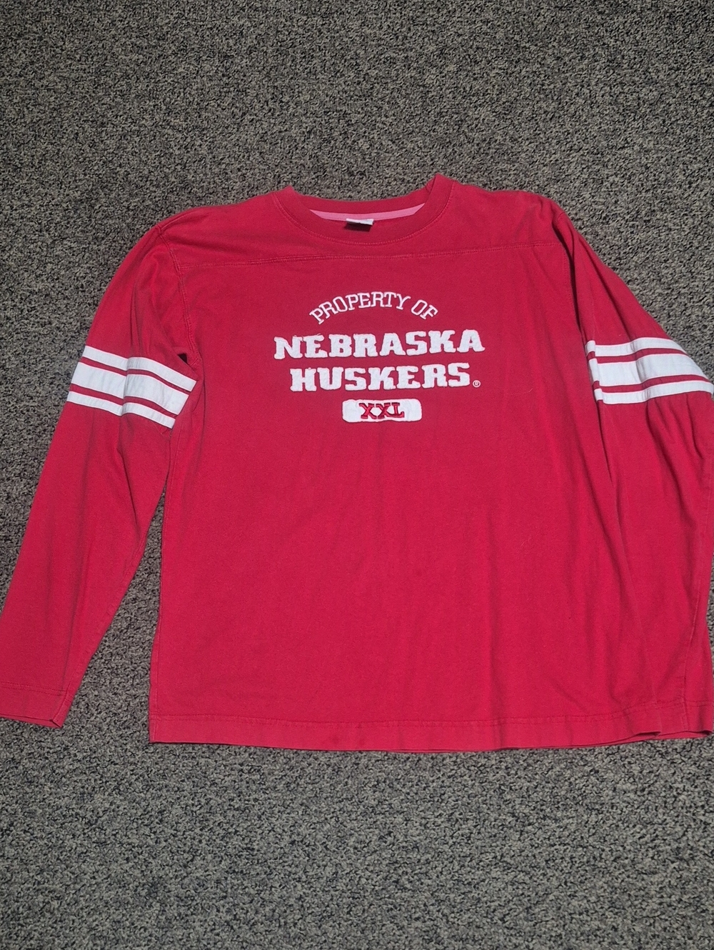 Nebraska Huskers Crown Red Long Sleeve Graphic Tee with White Sleeve Stripes